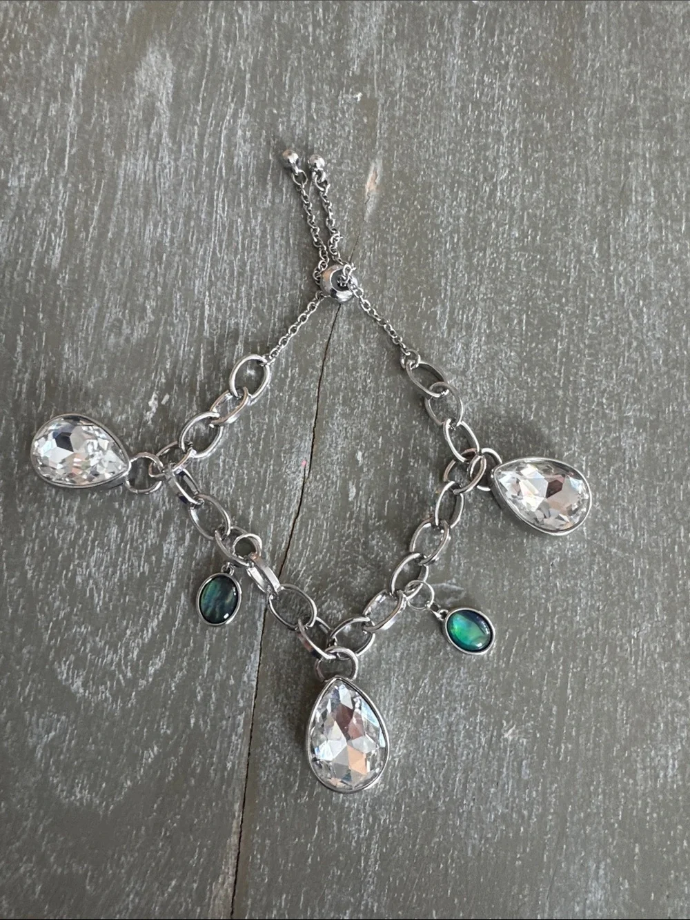 Silver-tone Teardrop Charm Bracelet with Clear Crystals and Iridescent Accents